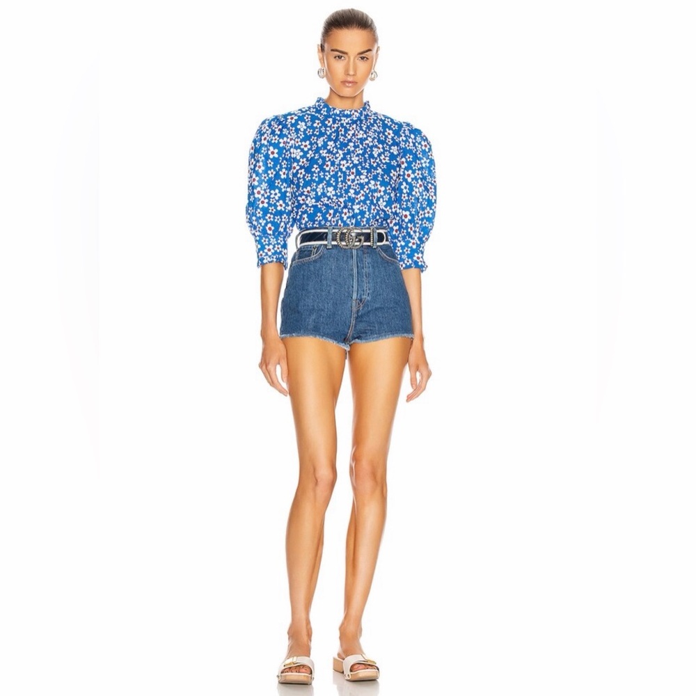 RIXO Mandy Retro Ruffle Puff Sleeve Top in Micro Mod Floral Blue Size XS/ US 4 - Picture 3 of 10